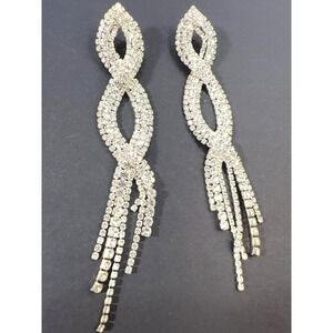 Rhinestone Fringe Crossover Earrings 5.5"‎ Post Silver Tone Glamour Prom Party